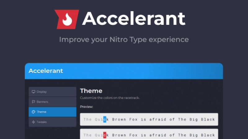 A screenshot of the "Theme" section in Accelerant, as well as a title and catchphrase