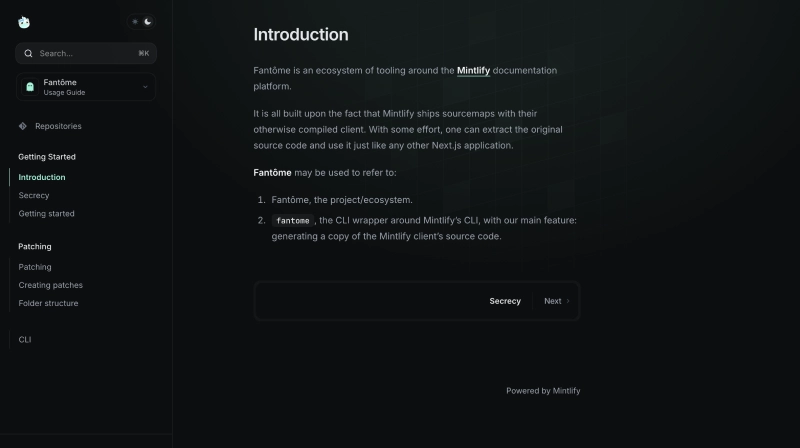 A screenshot of the home page of the Fantôme documentation.
