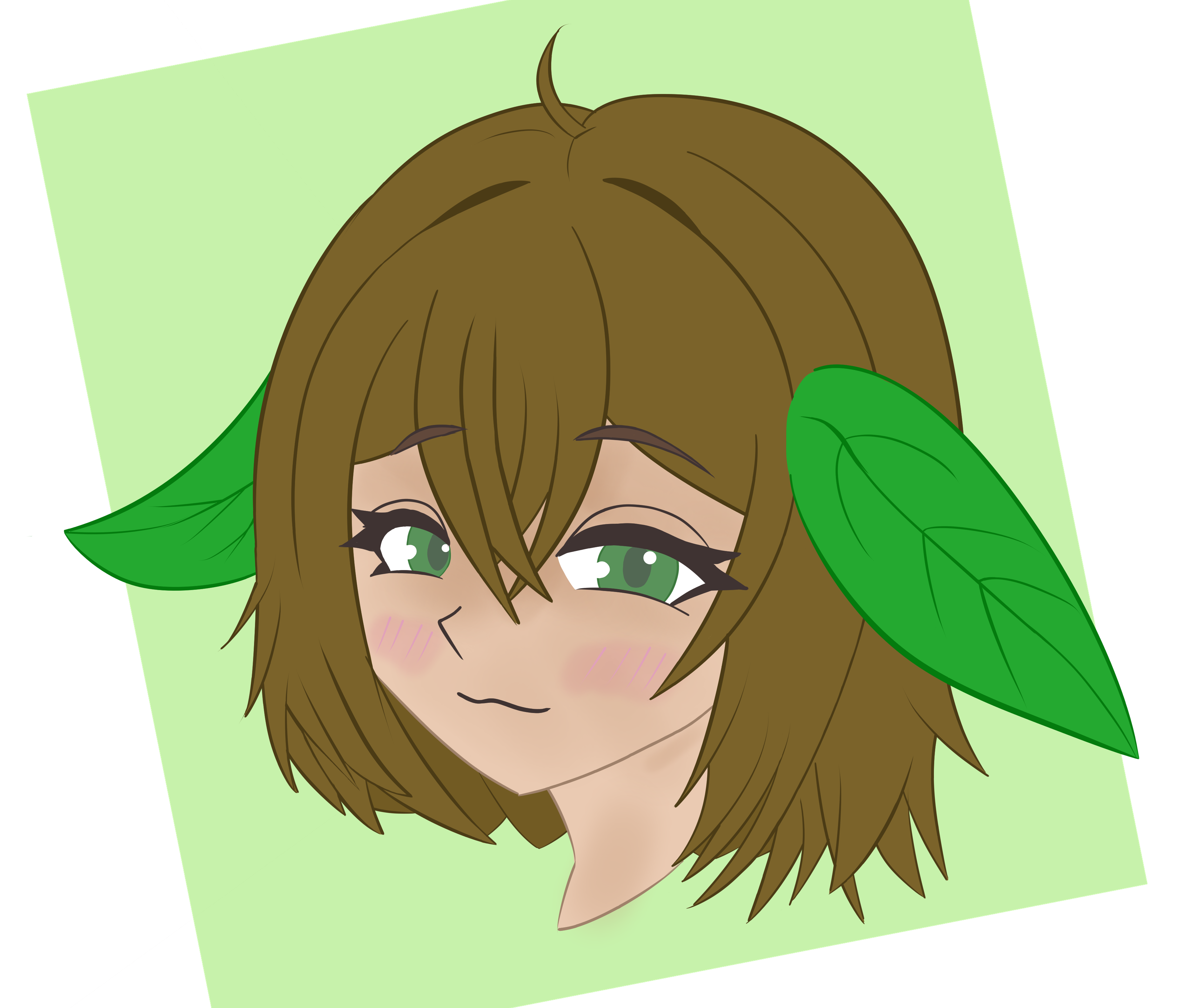 A digital drawing of the bust of a brown-haired girl, slightly blushing, with a slight :3 expression, with a little ahoge and two big green basil leafs on the sides of her head, akin to ears.