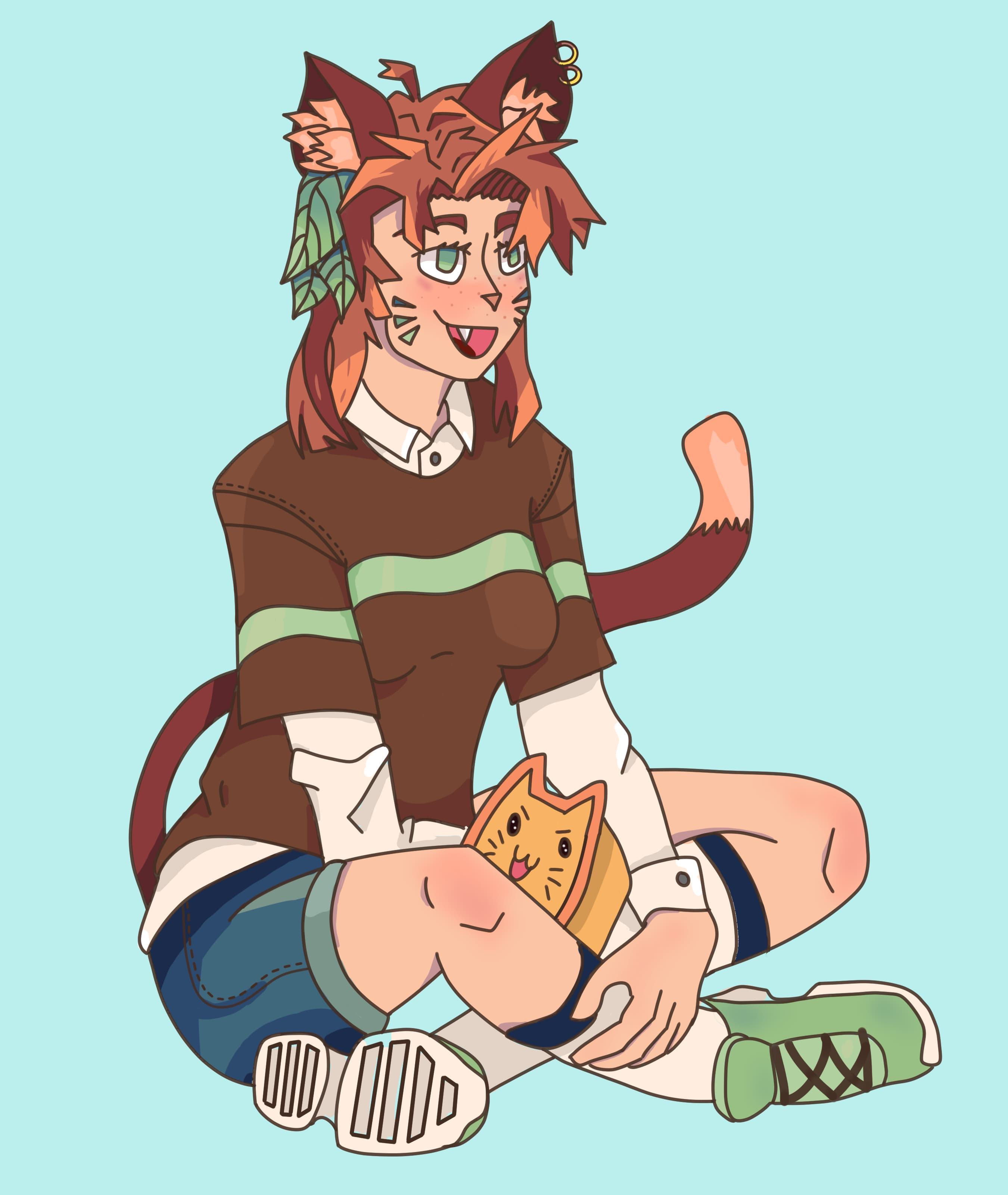A full-body artwork of a light-skinned, smiling catgirl sitting crosslegged, with a nekopan (an anthropomorphic bread with a cate face and ears) in her lap. She is looking slightly to the right, and her mouth is open, with a white tooth visible on the left side of her mouth. Her hair is a rusty brown, falls a little in front of her eyes, and is shoulder-length, as well as a little tuft of hair that pokes up from the top of her head. Her large cat ears are a slightly darker of brown than her hair. She has thick ear tufts in her cat ears colored a lighter rusty brown than her hair. Her left ear is pierced with two gold rings. Three green leaves of varying size hang from under her left ear as a decoration. Her eyebrows are the same color as her ears, and her eyes are the same color as the leaves, with light eyelashes. There are three green triangle-like decorations on each of her cheeks. She has freckles on her face, and she is lightly blushing. Her dark brown cat tail, the same color as her ears, is visible behind her, and it curls up to her shoulders. At the tip of her tail, the color changes to match that of her ear tufts. She is wearing a short-sleeved dark brown shirt with a light green stripe running across at the breast level. Undeer that, she is wearing a long-sleeved collared shirt, which is buttoned up at the collar. SHe is wearing blue jean shorts, with the bottom cuff being colored green-ish blue. A golden brown nekopan is smiling with an open mouth on her right leg. She is wearing white socks that come up almost to her knee and end in a black stripe. She is wearing green shoes with a big green tongue (the large part on top of the shoe that pokes up) with brown laces and light gray soles. The characters are shaded, and the background is a solid light blue.