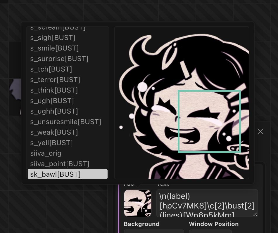 A popover that has opened from a Show Text command's face preview. A list of all of the files in the img/faces folder of the project is on the left, and the currently selected face file is on the right. One of the tiles is being hovered, and has a teal box outline around it.