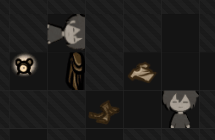 A screenshot of a portion of the 2D tile view. Some of the tiles have alternating striped lines to show that they're empty. The tiles that aren't empty but don't have a preview image are shown as having a darker, non-striped background. Tiles with images have the same darker background, but have a rendered image of that tile's image over it.