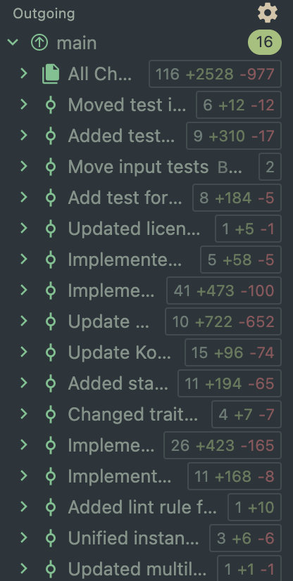 16 commits in VSCodium's Source Control tab. The "All Changes" option says that 2528 lines were added and 977 removed.