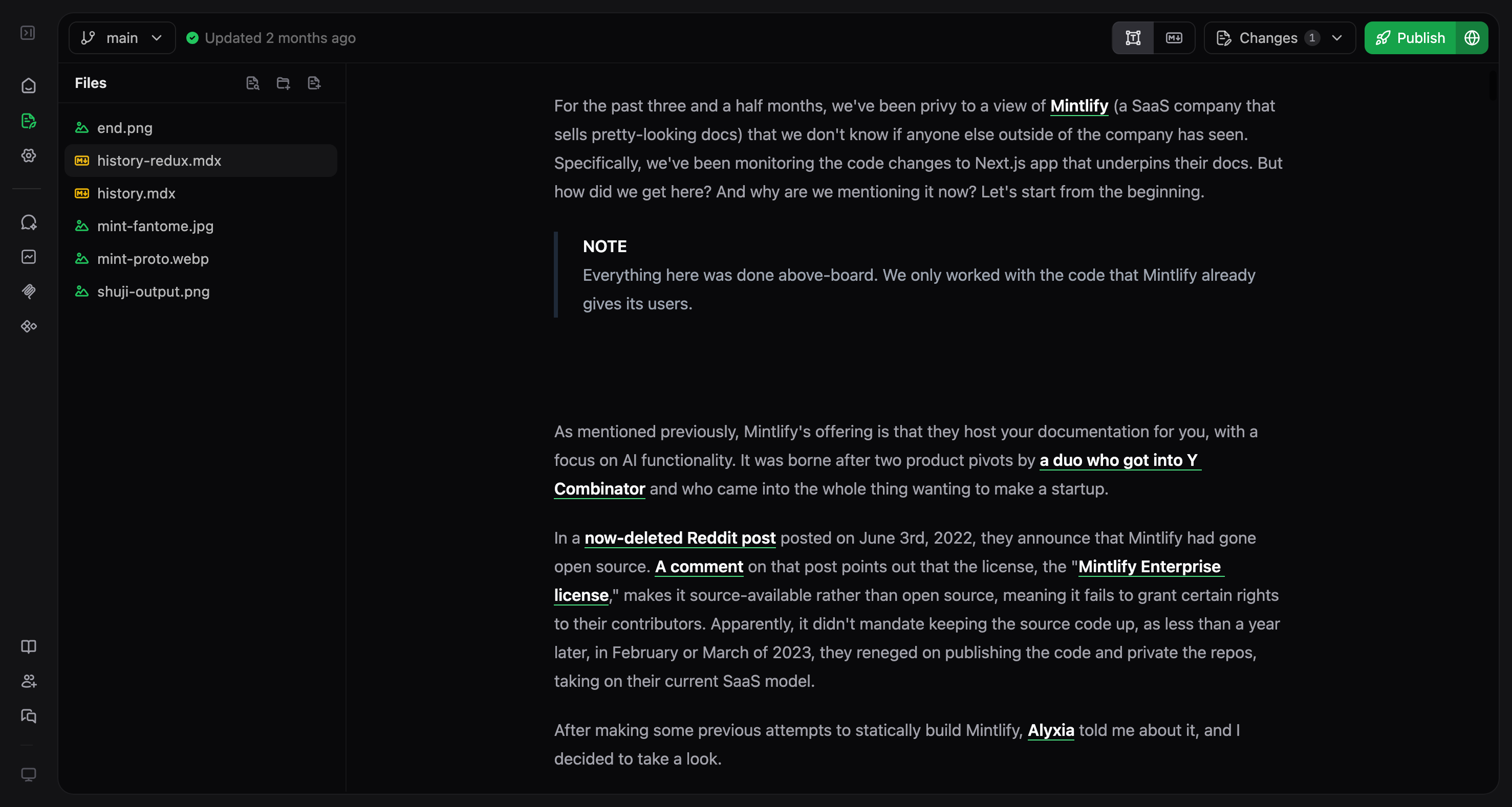 The editor booted up to the current iteration of this page, as I'm writing it