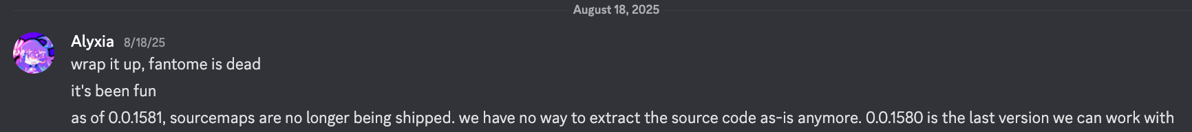 A Discord message from Alyxia stating that Mintlify no longer ships sourcemaps since 0.0.1581